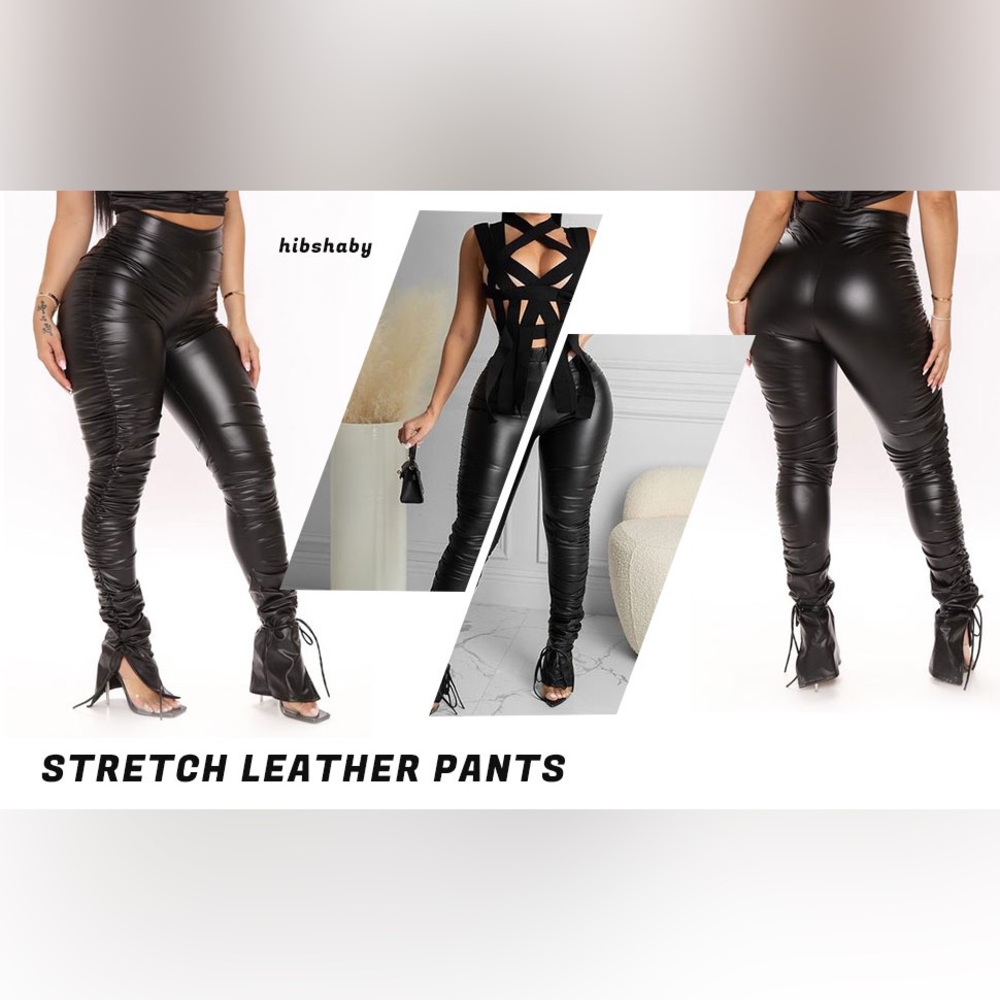 (B2) NWOT Shein Black Faux Leather Sexy Ruched Ankle Tie Pants Leggings L 8 10‎